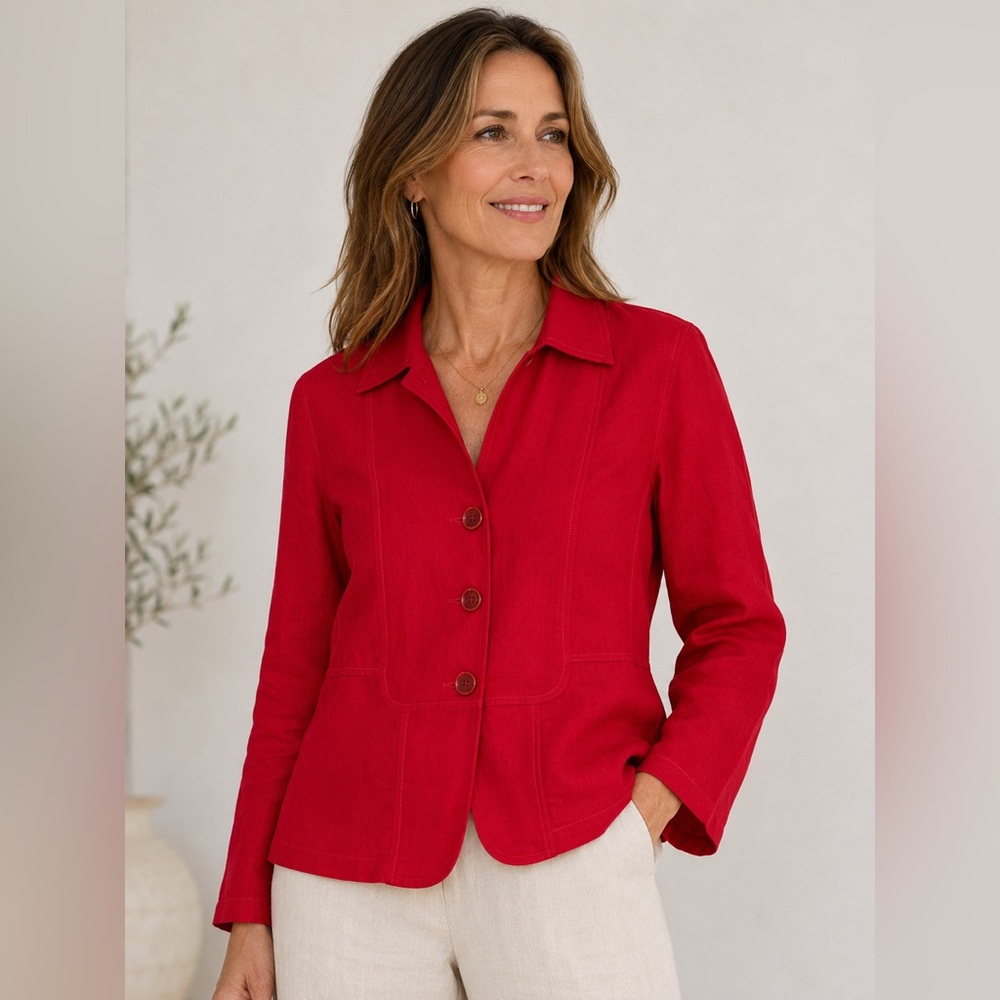 Nurture Linen Button Woman’s Lightweight‎ Holiday Red Jacket Blazer Large